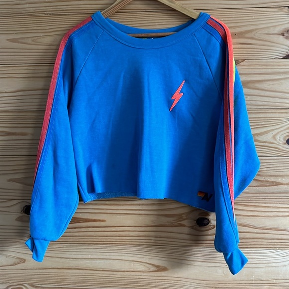 Aviator Nation💕 5 STRIPE Sweatshirt cropped - Ocean/Neon- RARE - Size L - NWT - Picture 6 of 7
